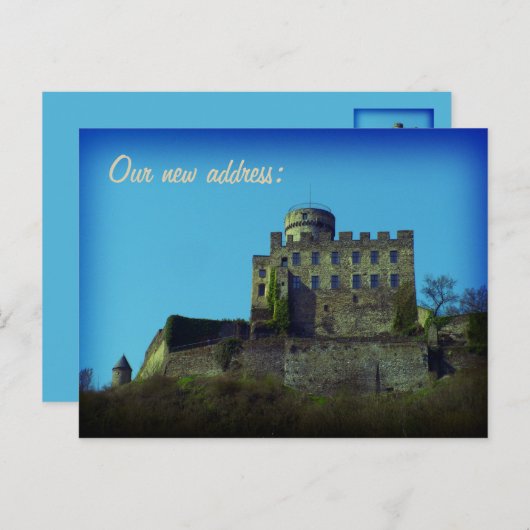 我々は、新しい住所、中世の城のカード移動した 案内ポストカード (正面/裏面)