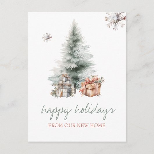 我々は、松の木のプレゼント雪の結晶の休日を移動した 案内ポストカード (正面)