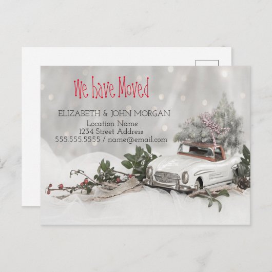我々は、松の木、車、雪、新しいアドレスを移動した 案内ポストカード (正面/裏面)
