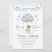 我々は、男の子の赤ん坊シャワーteddy熊を待つbearly待つ 招待状 (正面)