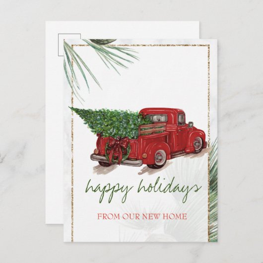我々は、赤いトラック、松の木の枝の休日を移動した 案内ポストカード (正面/裏面)