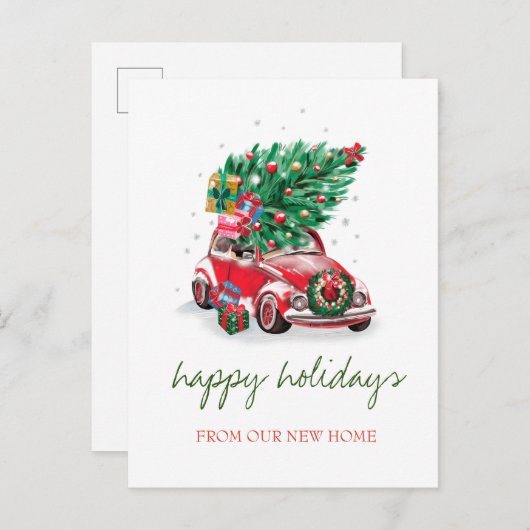 我々は、赤い車、松の木の休日を移動した 案内ポストカード (正面/裏面)