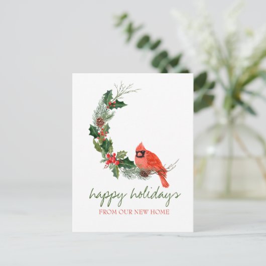 我々は、赤い（鳥）ショウジョウコウカンチョウの鳥ホリーベリー移動した 案内ポストカード (スタンド正面)