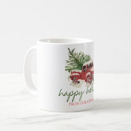 我々は、赤トラック、松の木の雪の休日を移動した コーヒーマグカップ (正面左)