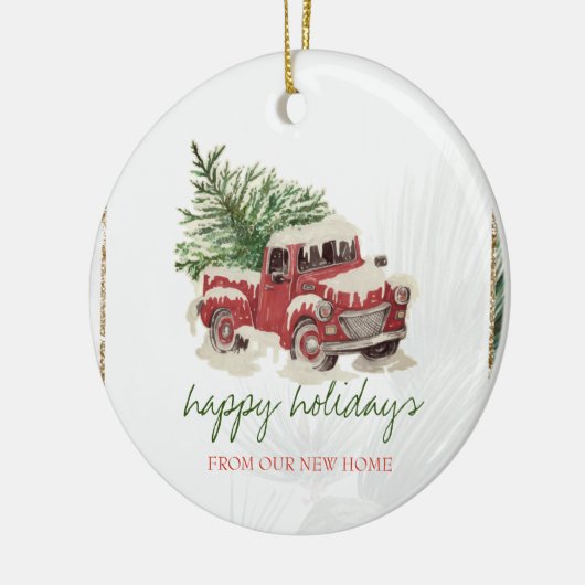 我々は、赤トラック、松の木の雪の休日を移動した セラミックオーナメント (左)