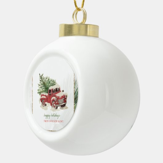 我々は、赤トラック、松の木の雪の休日を移動した セラミックボールオーナメント (右)