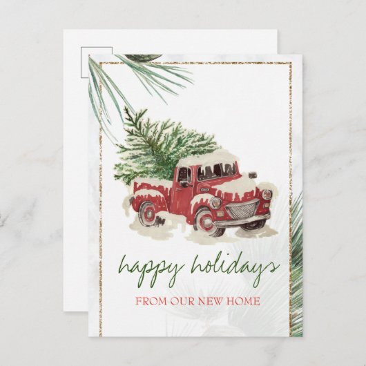 我々は、赤トラック、松の木の雪の休日を移動した 案内ポストカード (正面/裏面)