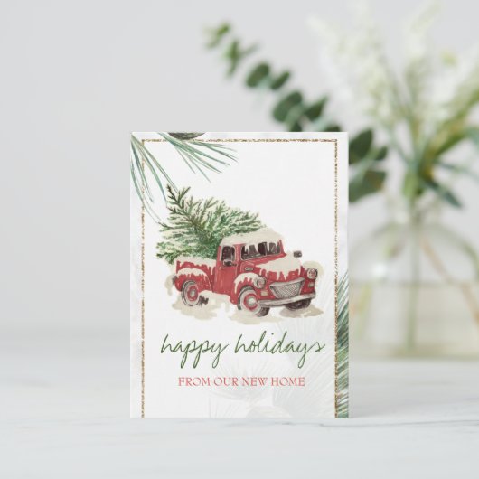 我々は、赤トラック、松の木の雪の休日を移動した 案内ポストカード (スタンド正面)