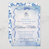 我々は、青と白の赤ちゃんシャワーを待つエレガントことができる 招待状 (正面/裏面)