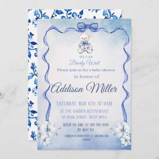 我々は、青と白の赤ちゃんシャワーを待つエレガントことができる 招待状 (正面/裏面)