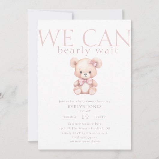 我々はbearlyピンクの女の子のベビーベイビーシャワーを持つ 招待状 (正面)