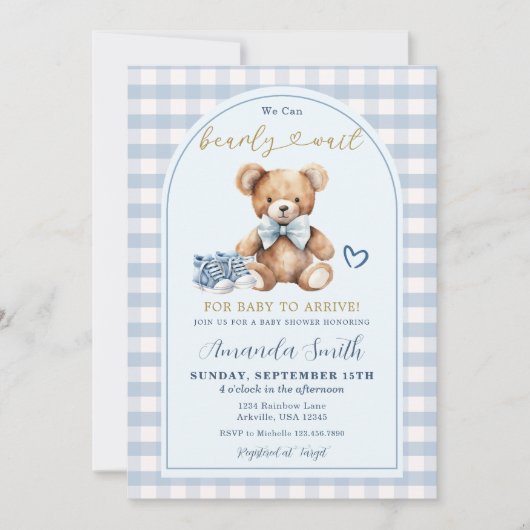 我々はbearly待つことができるクマベビーシューズ赤ちゃんシャワー 招待状 (正面)
