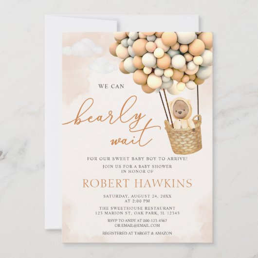 我々はBoho Teddyクマ赤ちゃんシャワーを待つことができる 招待状 (正面)
