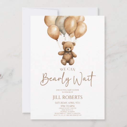 我々はBoho Teddyクマ赤ちゃんシャワーを待つことができる 招待状 (正面)