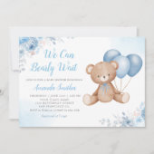 我々はBoho Teddy Bear男の子の赤ちゃんシャワーを待つことができる 招待状 (正面)