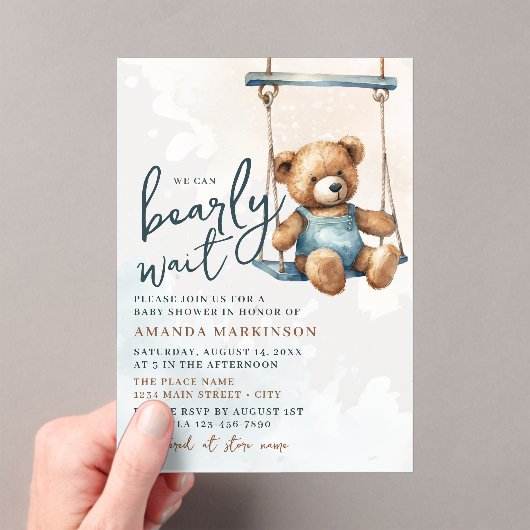 我々はDenimテディベア赤ちゃんシャワーを待つことができる アクリル招待状 (インサイチュ (ポータブル))