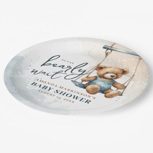 我々はDenimテディベア赤ちゃんシャワーを待つことができる ペーパープレート (アングル)