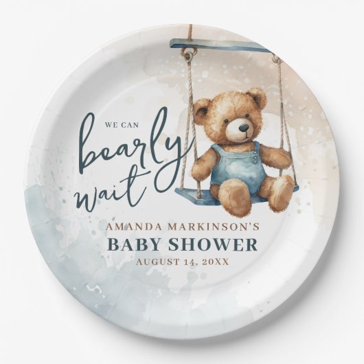 我々はDenimテディベア赤ちゃんシャワーを待つことができる ペーパープレート (正面)