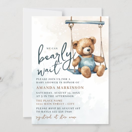 我々はDenimテディベア赤ちゃんシャワーを待つことができる マグネット招待状 (正面)