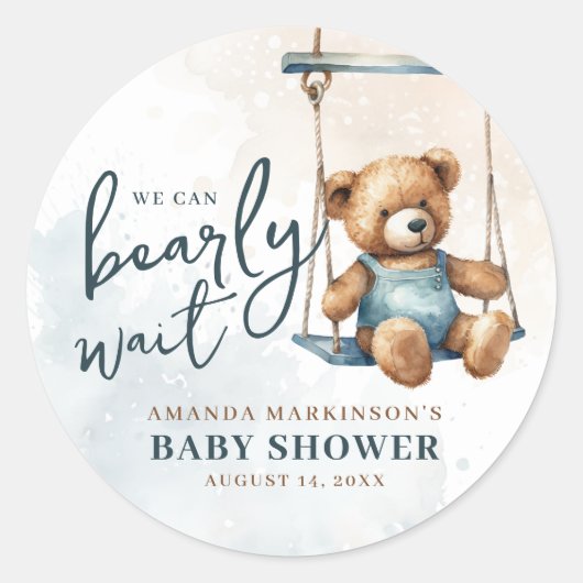 我々はDenimテディベア赤ちゃんシャワーを待つことができる ラウンドシール (正面)