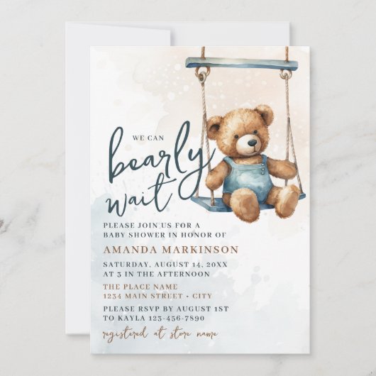 我々はDenimテディベア赤ちゃんシャワーを待つことができる 招待状 (正面)