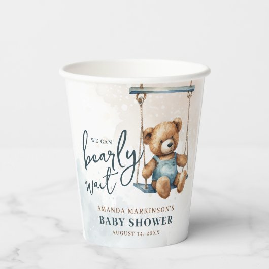 我々はDenimテディベア赤ちゃんシャワーを待つことができる 紙コップ (裏面)