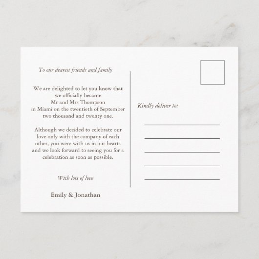 我々はKnot Elopementの発表写真を結んだ 案内ポストカード (裏面)