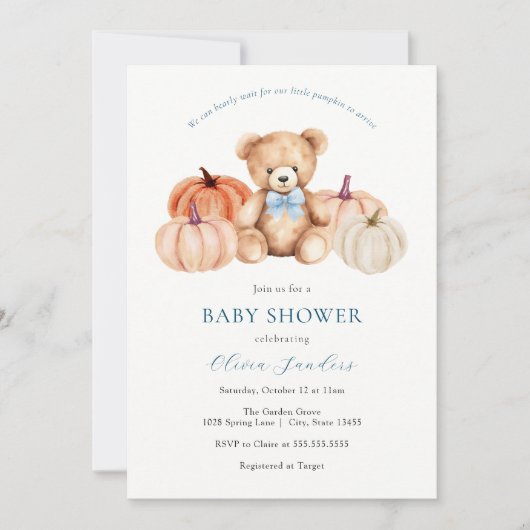 我々はPumpkinテディベア赤ちゃんシャワーを心待ちできる 招待状 (正面)