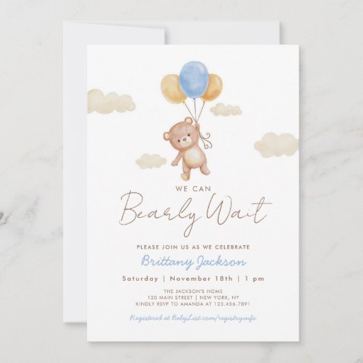 我々はTeddyクマ赤ちゃんシャワー青を待つことができる 招待状 (正面)