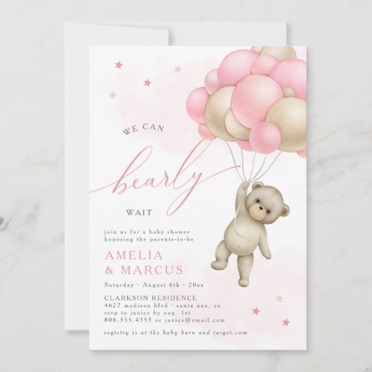 我々はTeddyクマ赤ちゃん女の子シャワーを待つことができる 招待状 (正面)