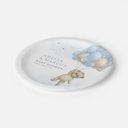 我々はTeddy Bear男の子の赤ちゃんシャワーInviを待つことができる ペーパープレート (アングル)