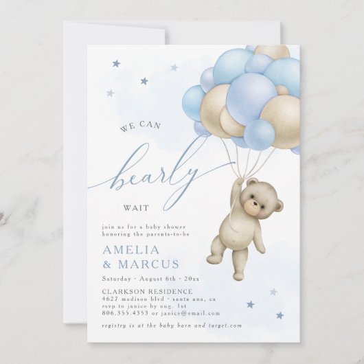 我々はTeddy Bear男の子の赤ちゃんシャワーInviを待つことができる 招待状 (正面)