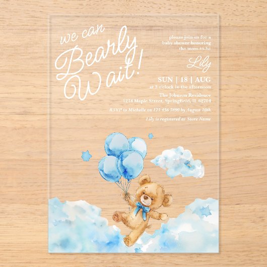 我々はTeddy Bear Blue Boy Baby Showerを待つことができる アクリル招待状 (正面)