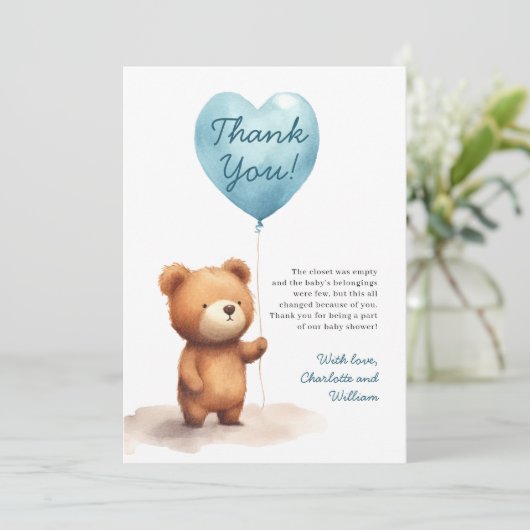 我々はTeddy Bear Blue Boy Baby Showerを待つことができる サンキューカード (スタンド正面)