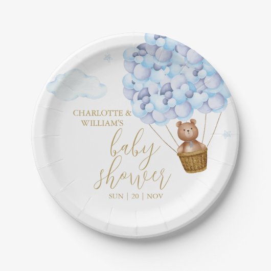 我々はTeddy Bear Blue Boy Baby Showerを待つことができる ペーパープレート (正面)