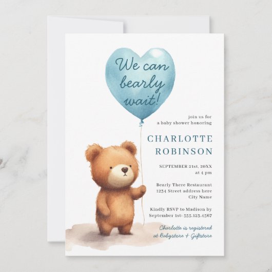 我々はTeddy Bear Blue Boy Baby Showerを待つことができる 招待状 (正面)