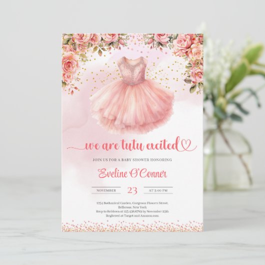 我々はtutu興奮バレリーナのドレスのピンクと金ゴールド 招待状 (スタンド正面)