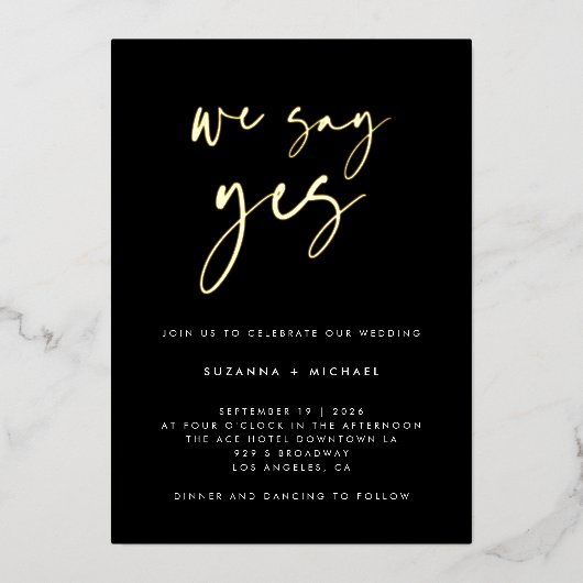我々はYesモダンブラック書道の結婚金ゴールドと言う 箔招待状 (正面)