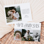 我々はYesヴィンテージエレガンス結婚の写真を数々の言った 案内状<br><div class="desc">ヴィンテージエレガンス結婚の発表の両面カードエレガントは、フォントにスクリプトとセリフを混ぜ合わせ、写真の上に「私たちはyesを言った」と言う。このカードには合計で4つの写真が入っている（前後）。カードの背面にあるメッセージと写真は編集可能。</div>