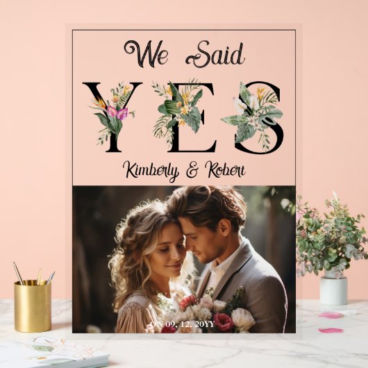 我々はYes熱帯花の手紙の写真と言っカスタムた アクリルサイン (ウェディング)