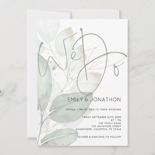 我々エレガントは水彩画の葉の台本を作結婚る 招待状 (正面)