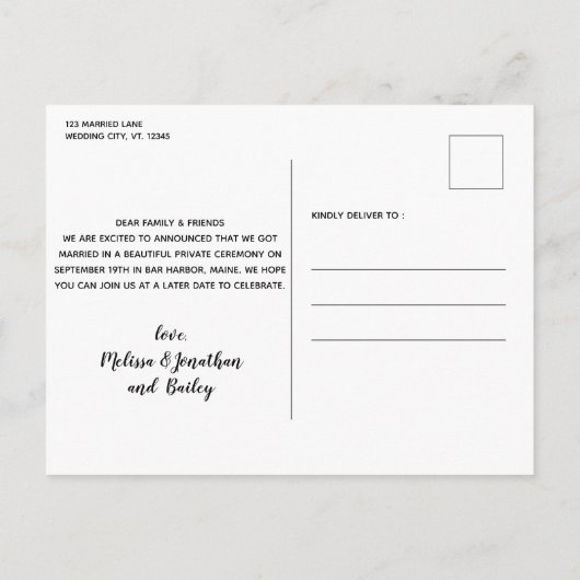 我々カスタムが駆け落ち結婚した写真犬の駆け落ち 案内ポストカード (裏面)