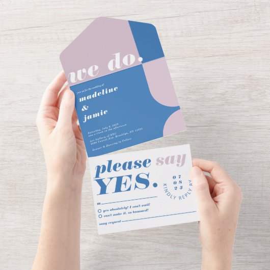 我々ブルーモダン&パーはっきりしたプルレトロ抽象芸術 オールインワン招待状 (貼ってはがせる)