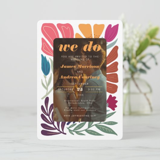 我々ボホシックレトロ写真カラフルフローラルウェディング 招待状 (スタンド正面)