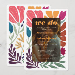我々ボホシックレトロ写真カラフルフローラルウェディング 招待状
