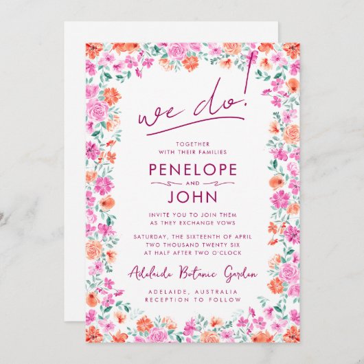 我々ボホモダンウォーター色のフローラ結婚 招待状 (正面/裏面)