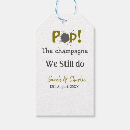 我々ポップ・アートのはまだ金ゴールドグレーのカップルnamを行うシャンパン ギフトタグ (正面)