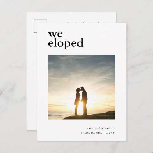 我々ミニマルはAnnouncementフォトブラック文字 案内ポストカード (正面/裏面)