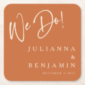 我々モダンはカスタムエレガント結婚式の燃えオレンジ スクエアペーパーコースター (正面)