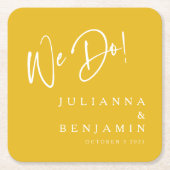我々モダンはサフエレガントロンカスタム・イエロー結婚ズ スクエアペーパーコースター (正面)